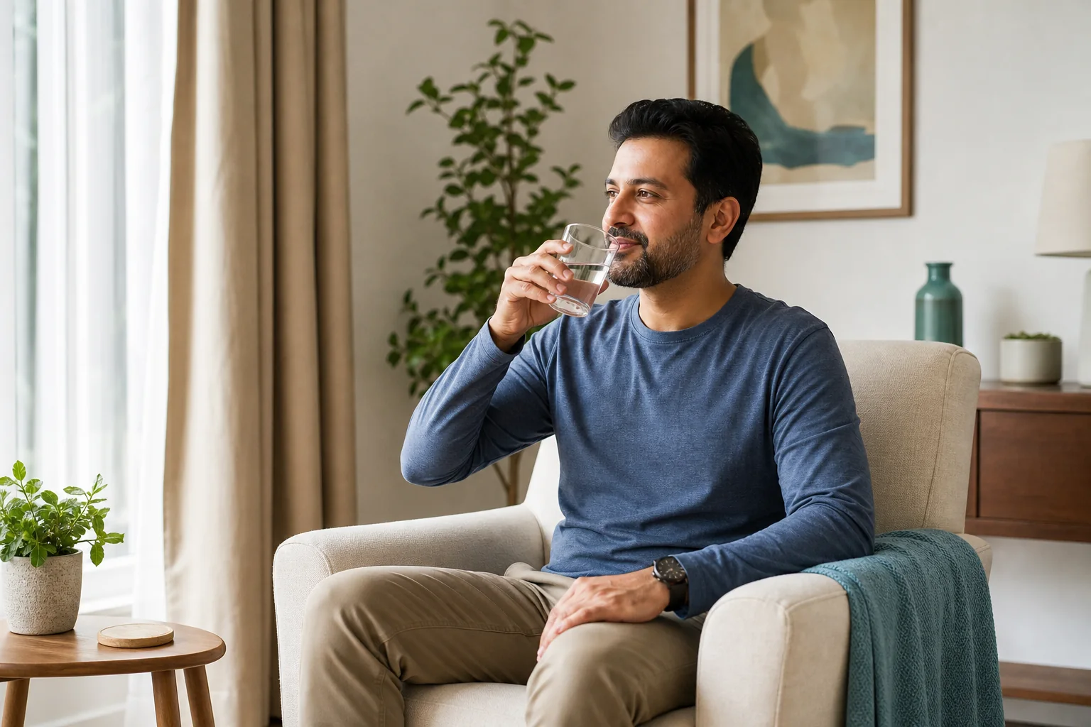 A visitor resting and hydrating after a wellness appointment