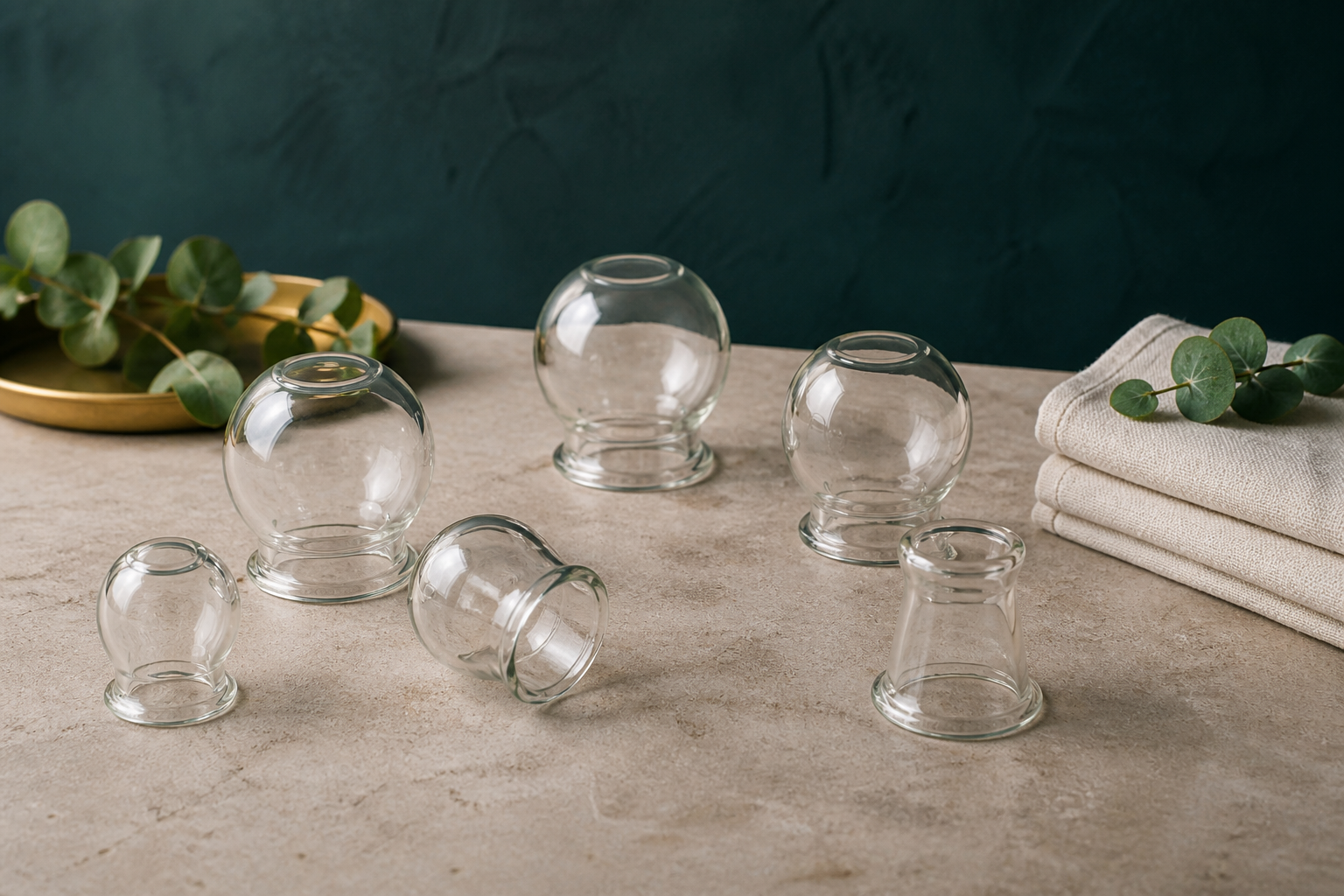 Clear cupping vessels, linen and eucalyptus in a refined still life