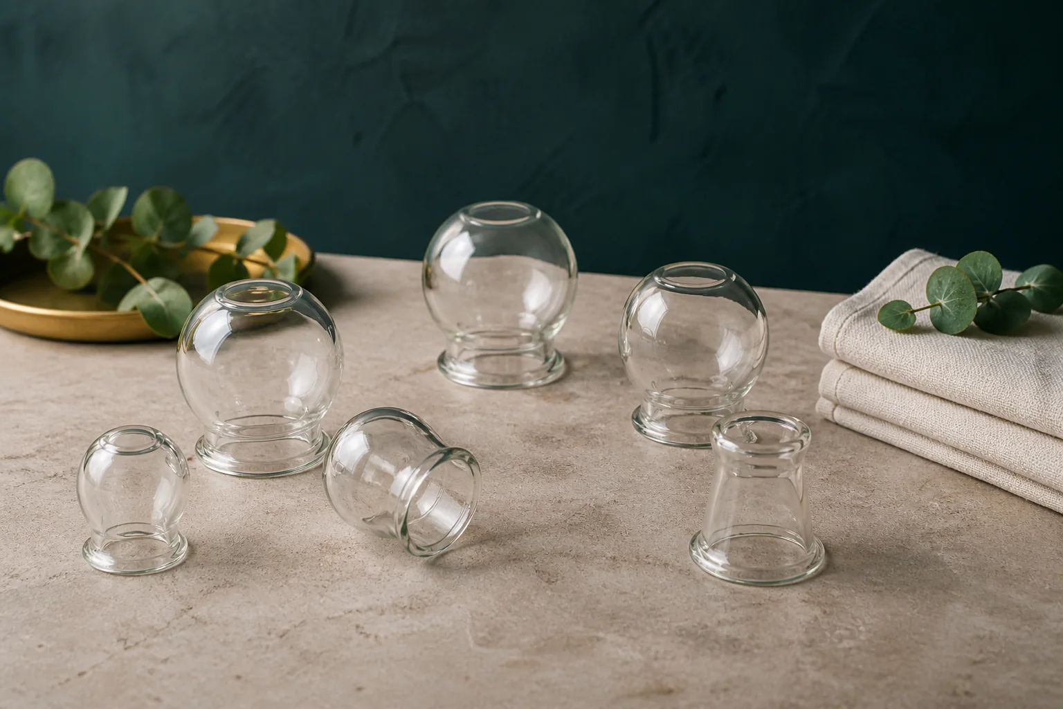 Clear cupping vessels, linen and eucalyptus in a refined still life