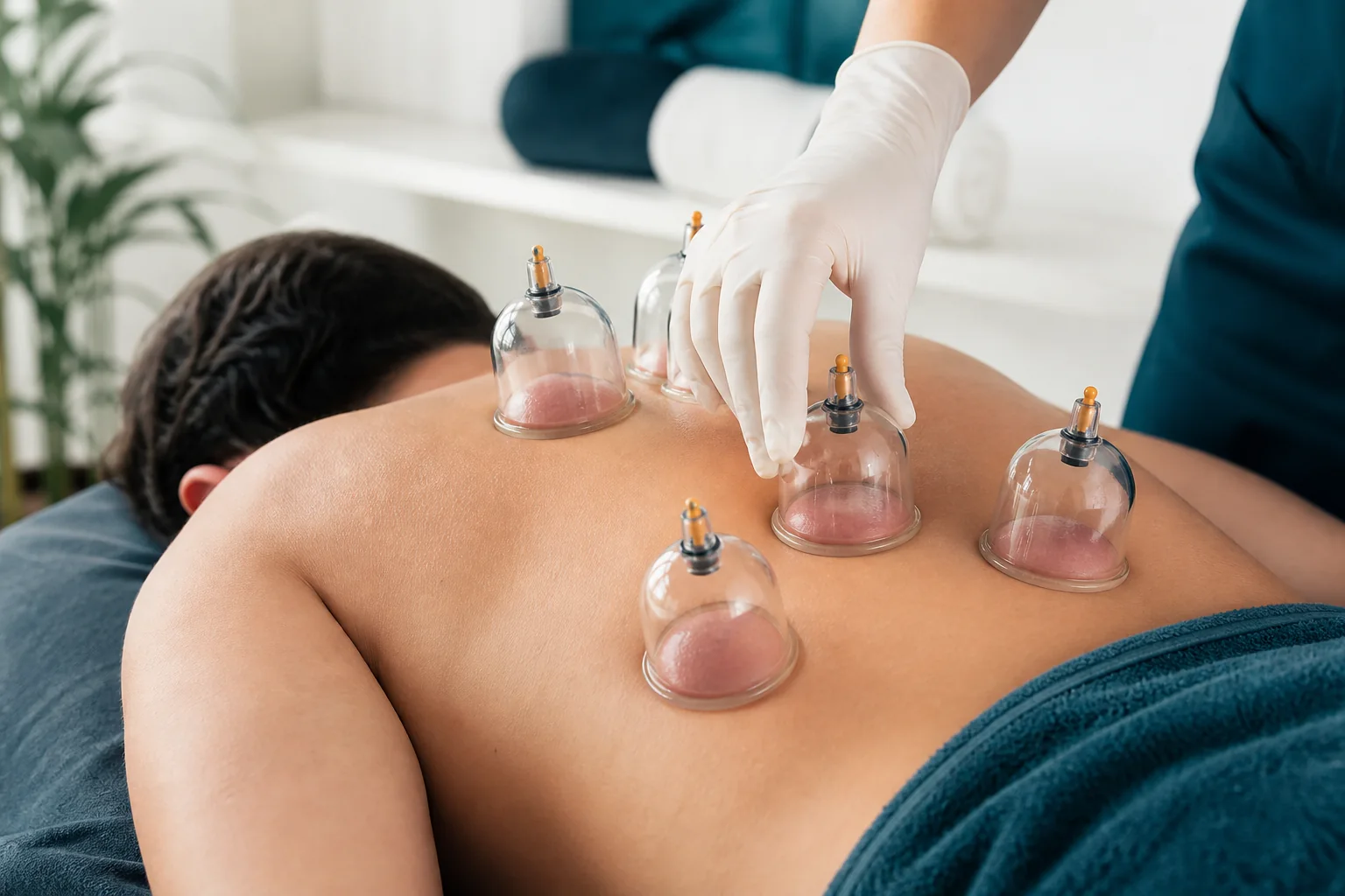 Clear cups used during a professional dry cupping session
