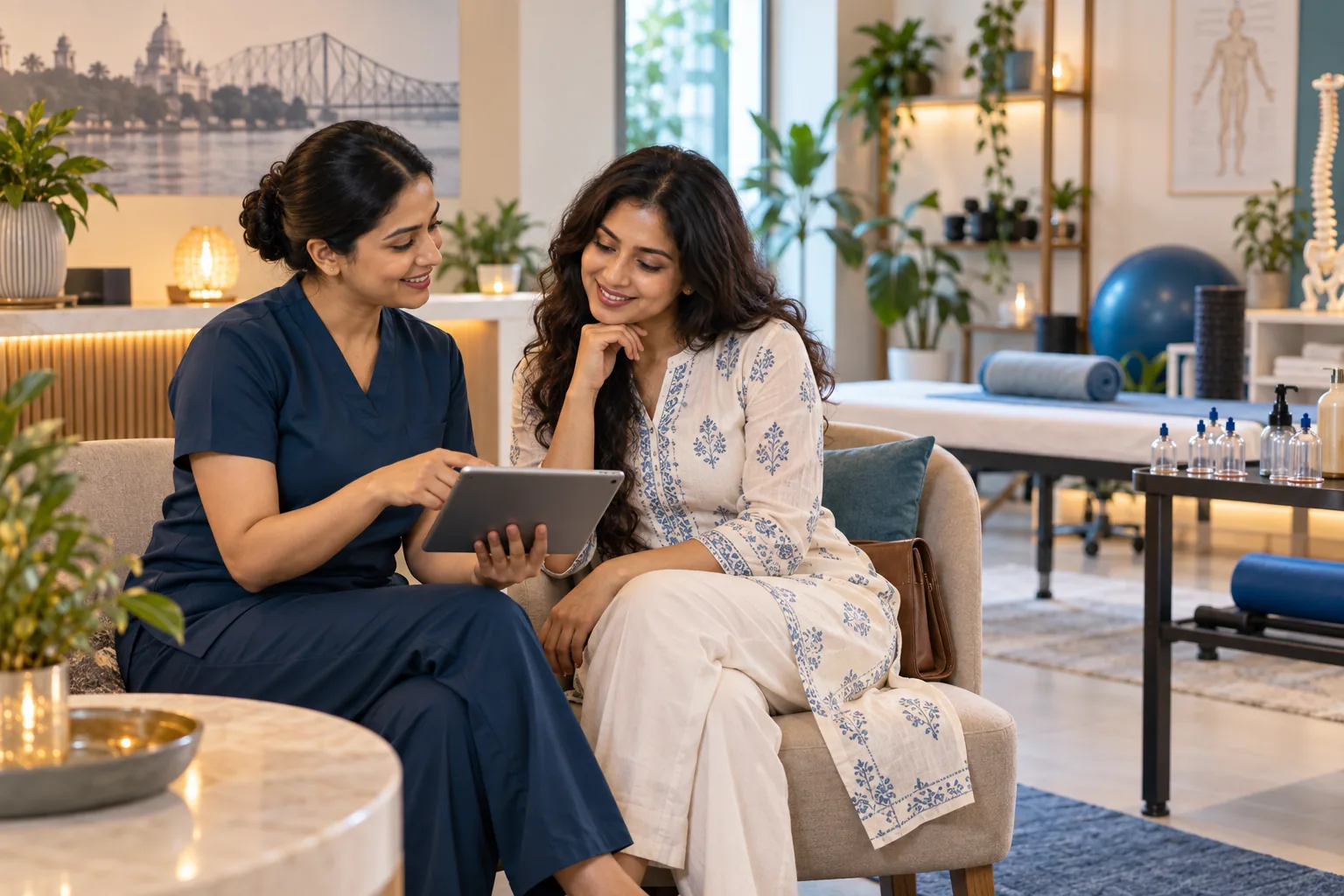 A practitioner and adult client reviewing appointment timing together on a tablet
