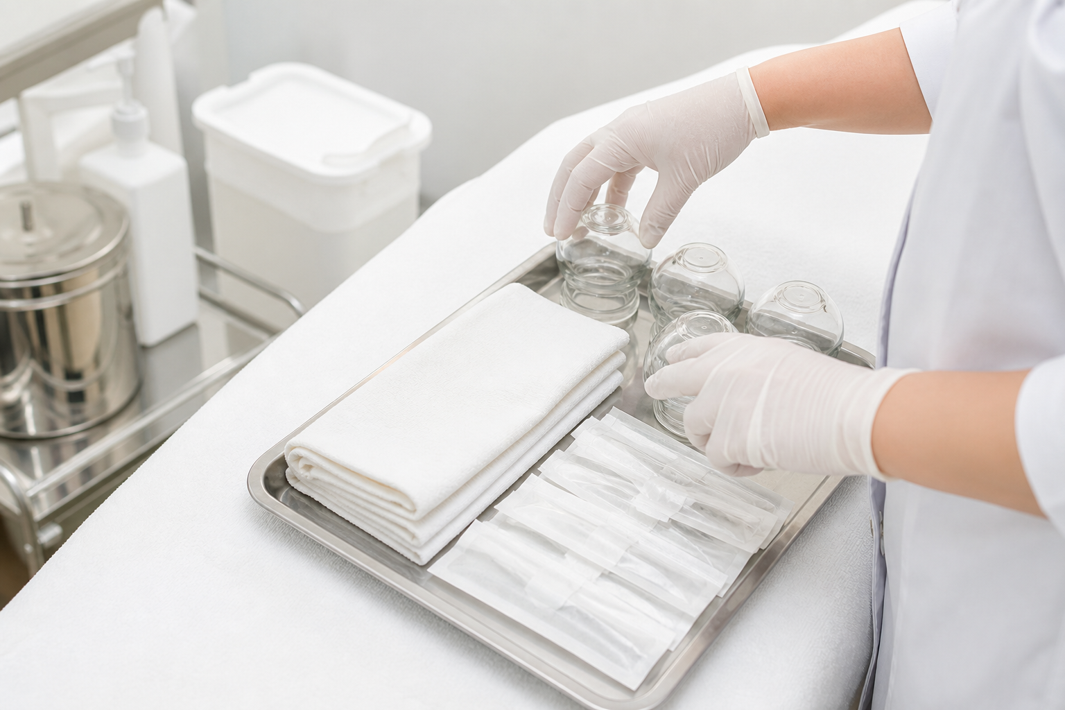 Clean cupping equipment prepared on a treatment tray