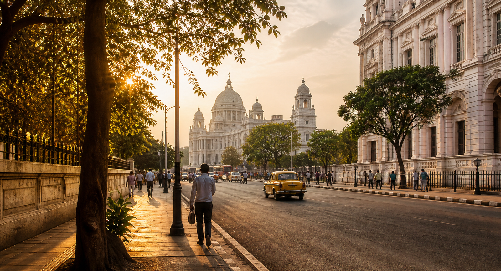 A welcoming central Kolkata streetscape at golden hour