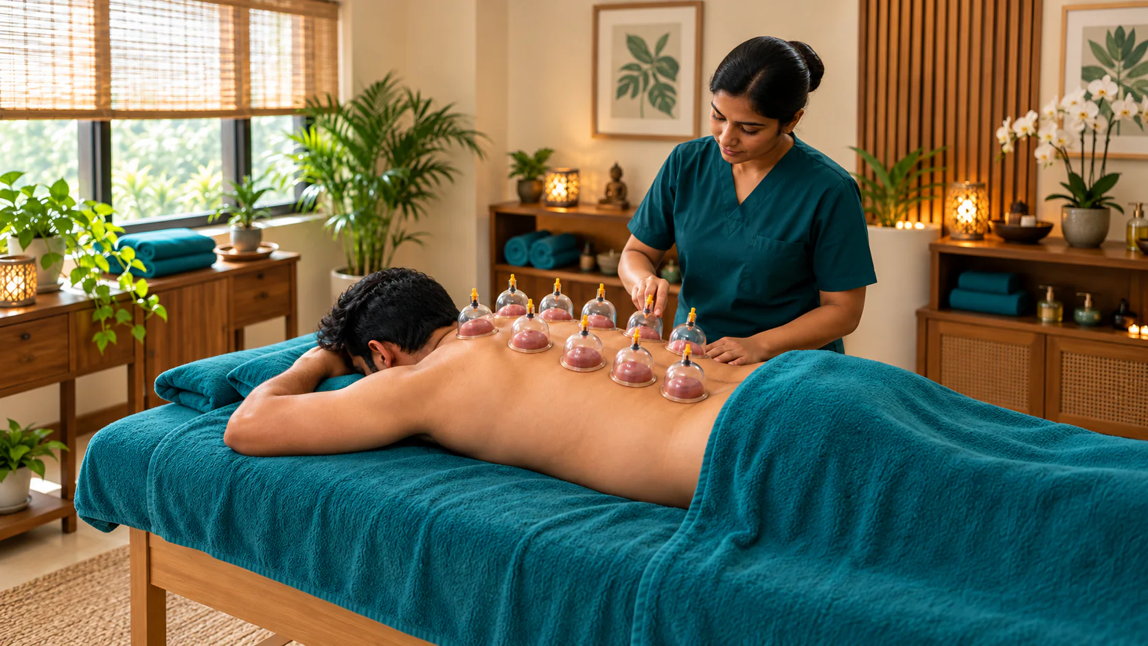 Dry cupping vessels arranged across an adult client's back under professional supervision