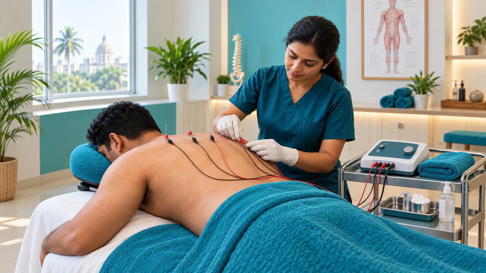 Electro-acupuncture leads connected during a supervised clinic session