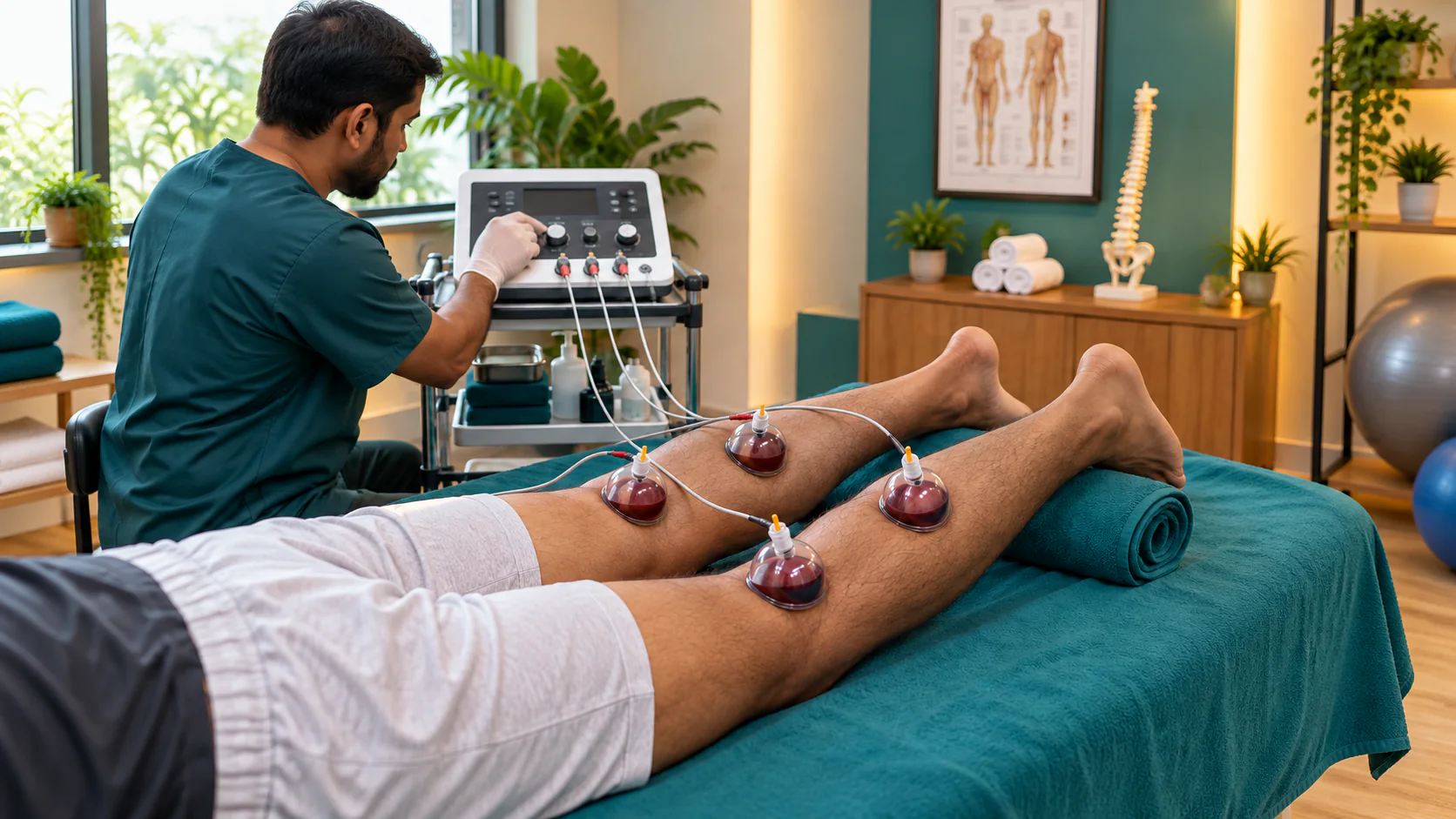 Electro-cupping vessels and leads placed on an adult client's lower legs during a supervised session