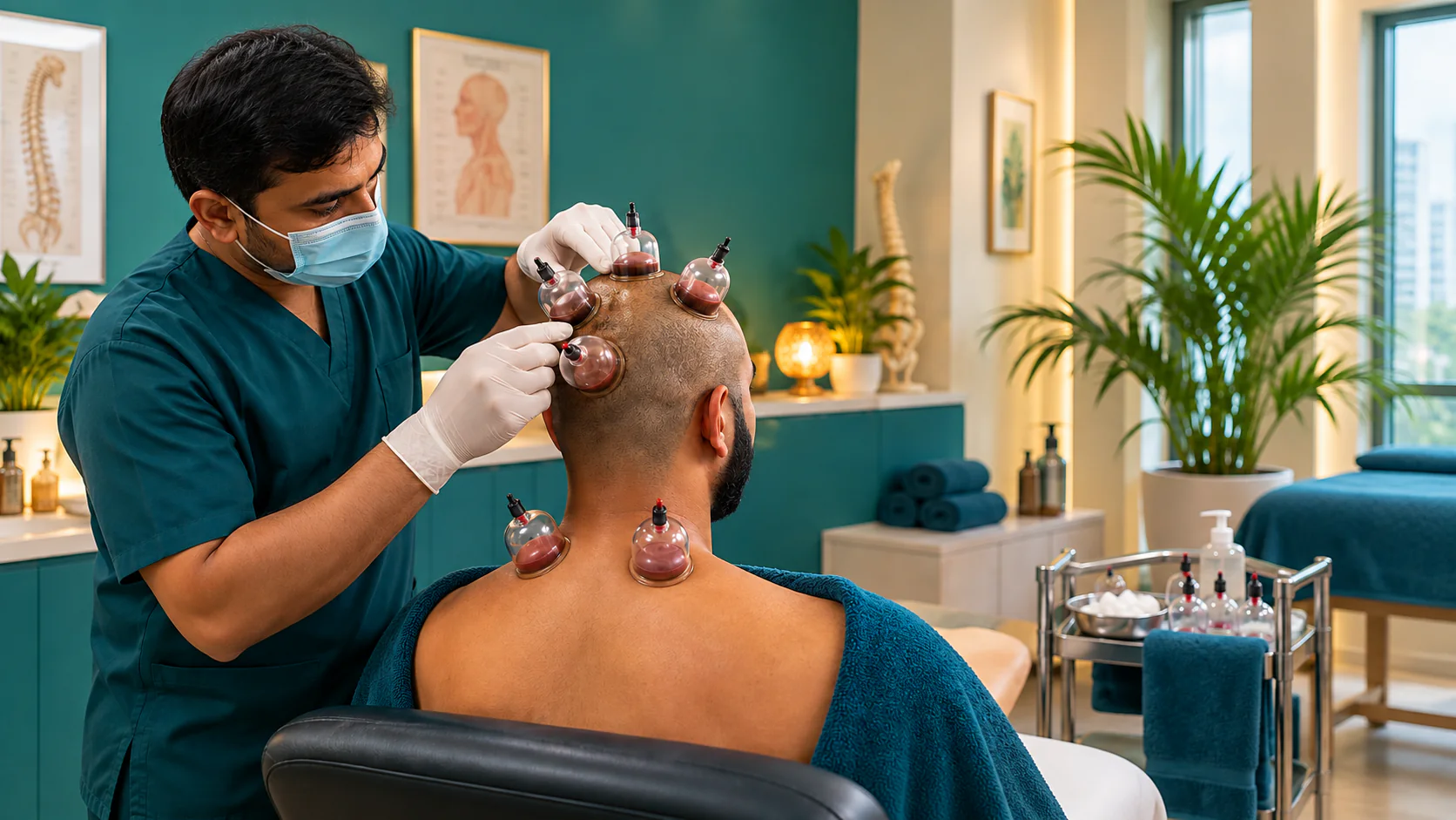 Cupping cups positioned around an adult client's scalp and upper shoulders under professional supervision
