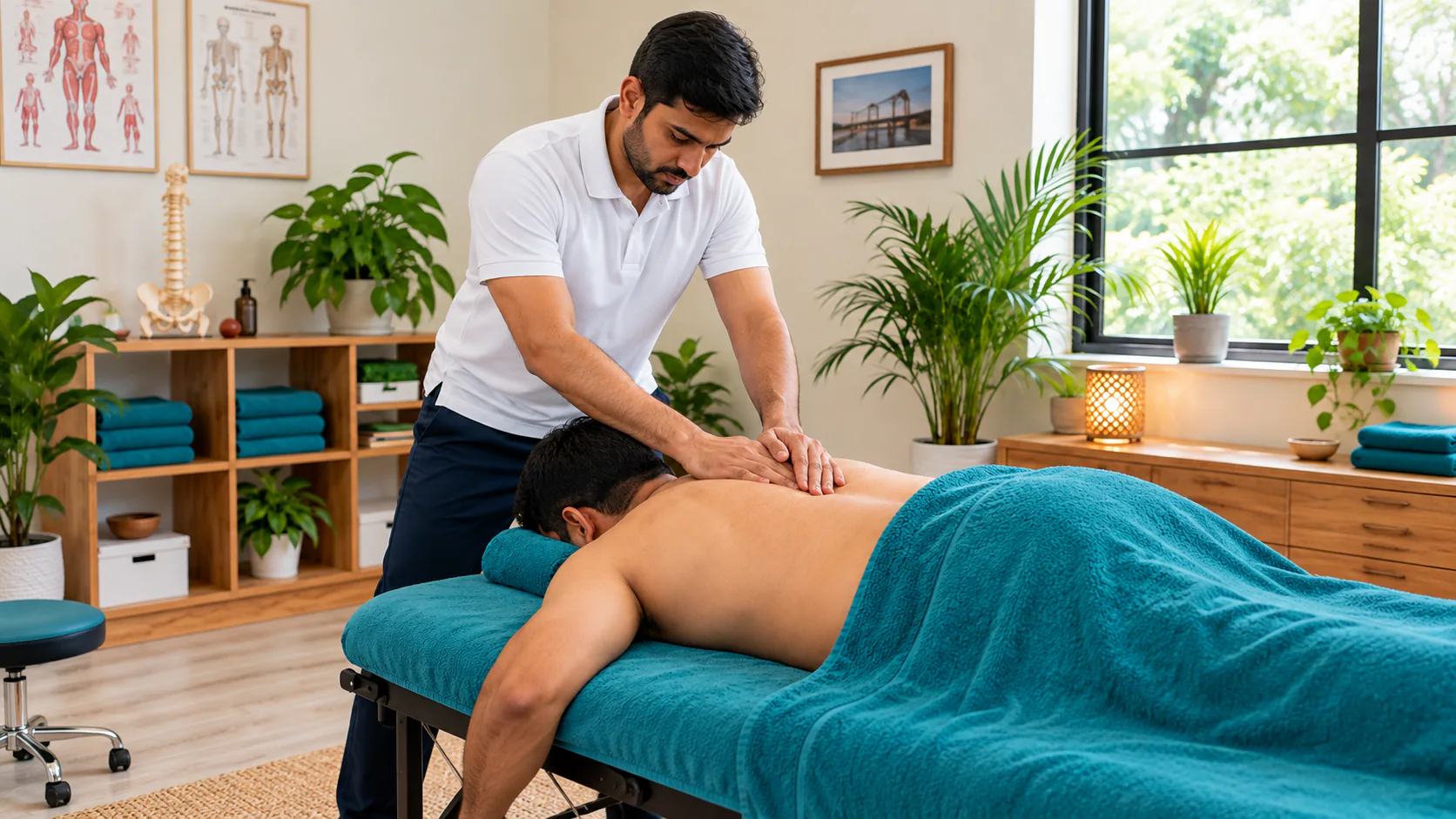 Hands-on upper-back mobilisation for an adult client in a clinic