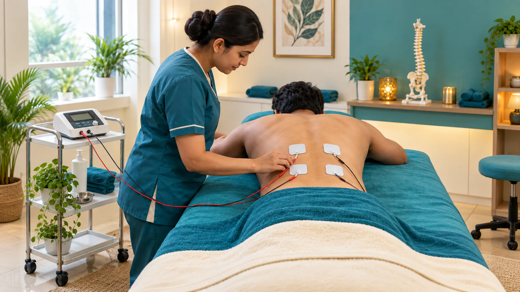 TENS electrode pads and leads arranged on an adult client's back during a supervised session