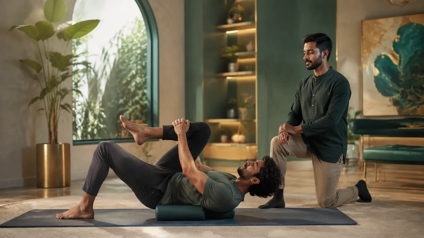 An illustrative supported lower-back and leg mobility session