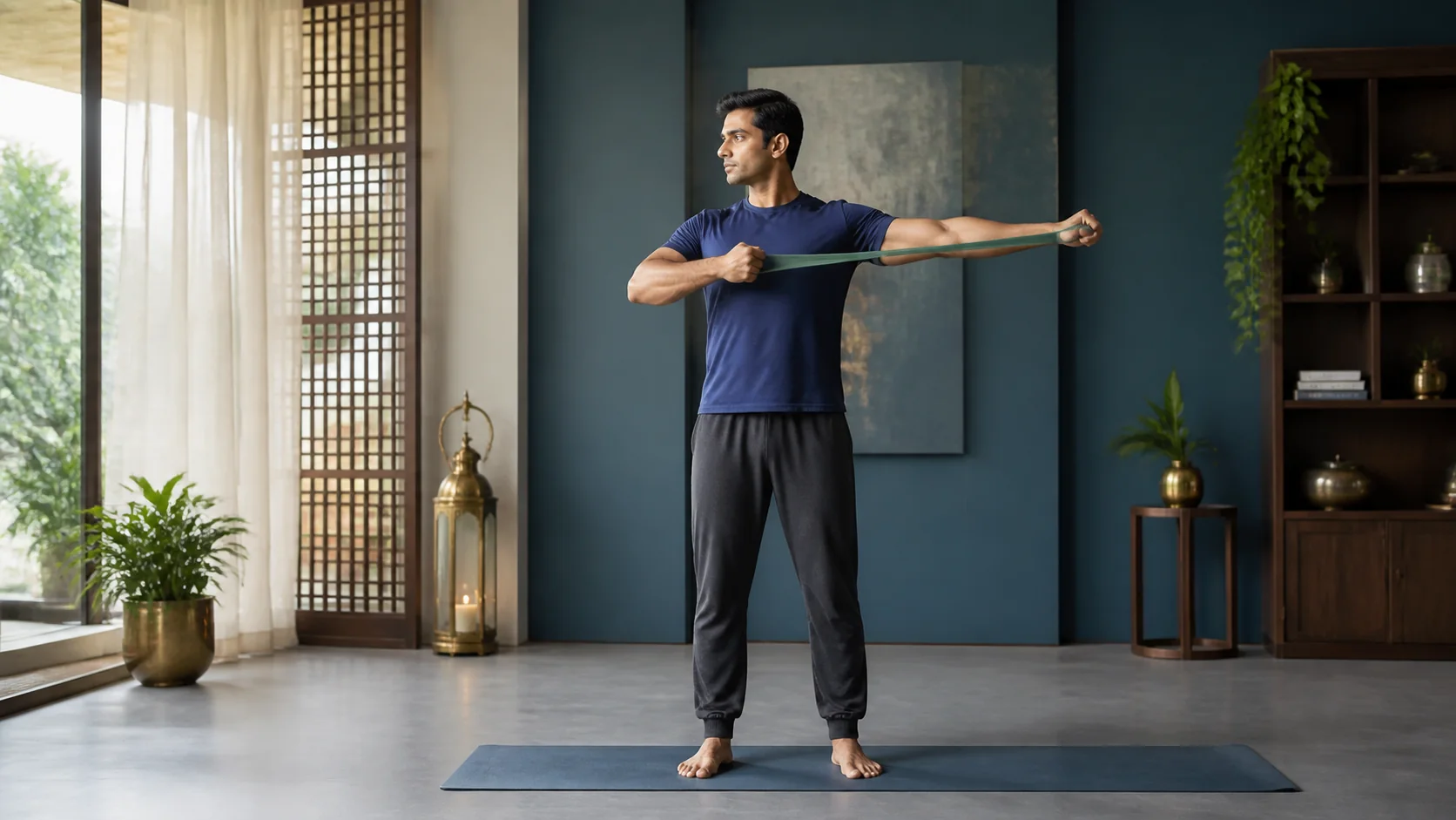 A controlled resistance-band shoulder mobility exercise