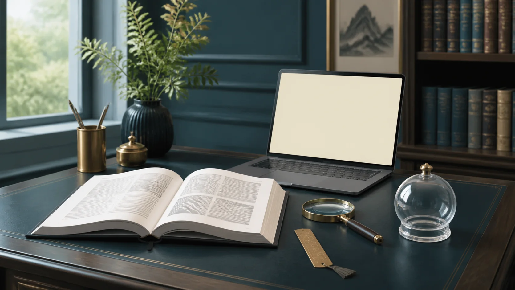 A research desk with a journal and magnifying glass