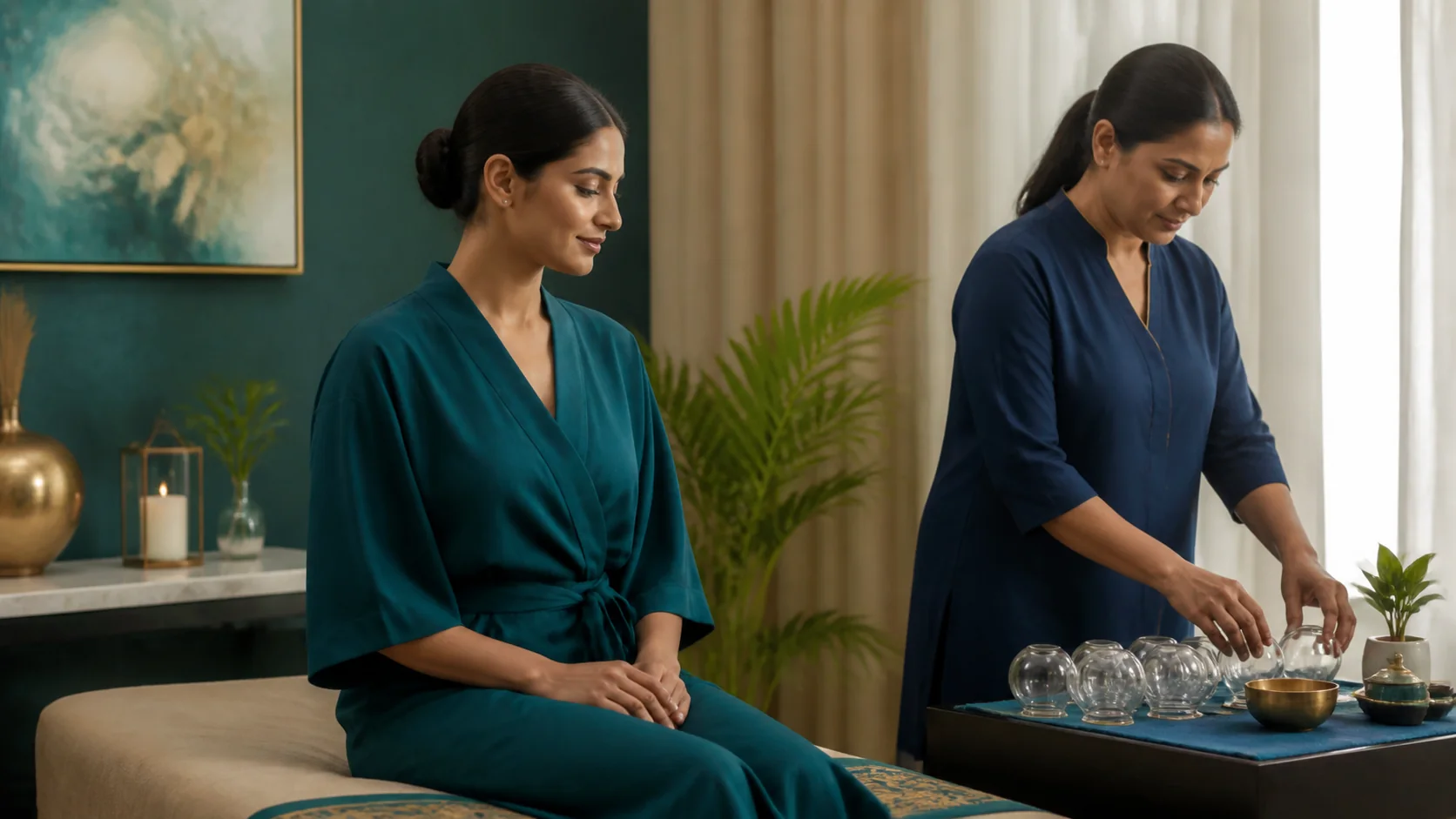 An adult client beside prepared cupping equipment