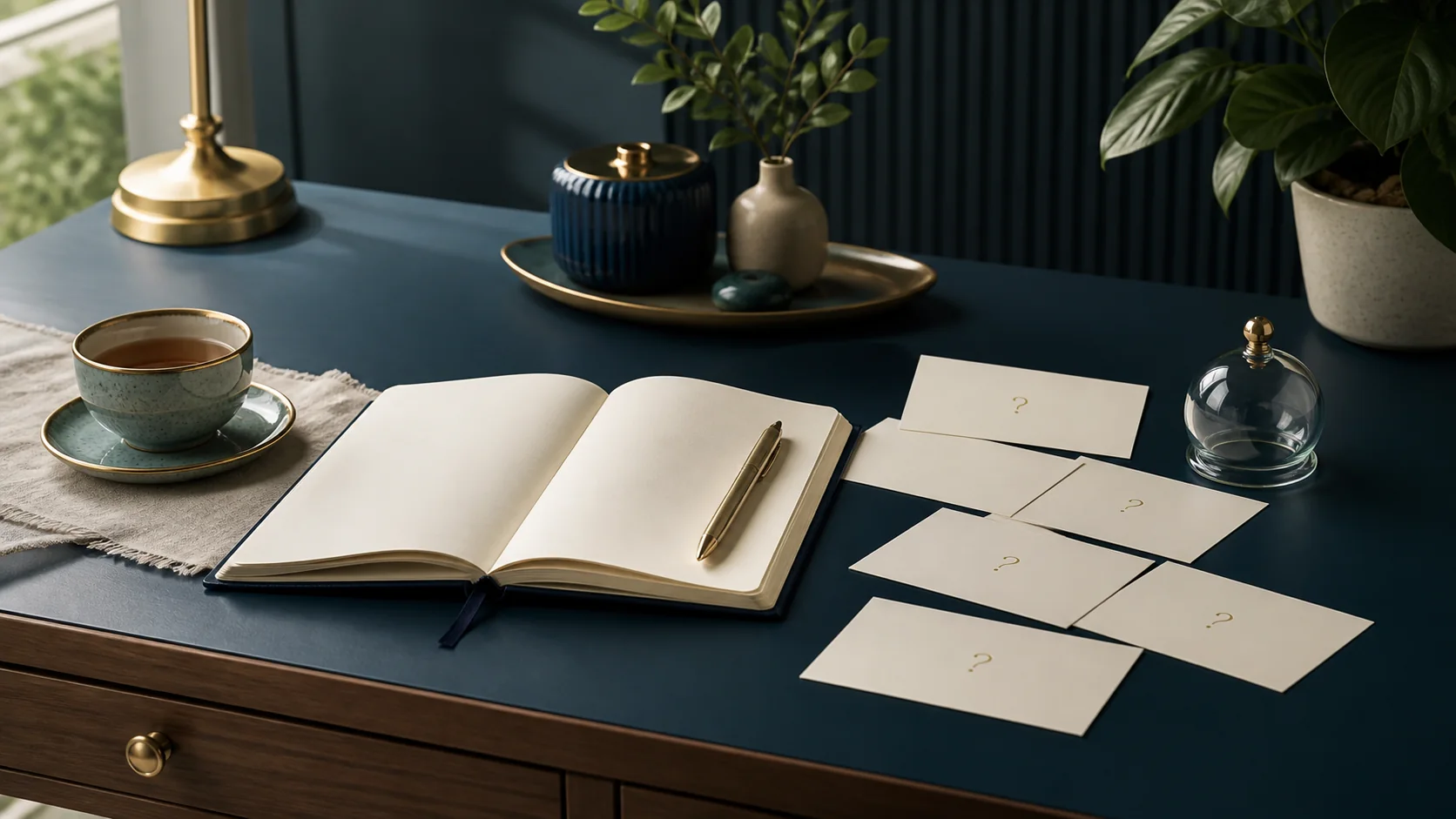 A notebook and question cards for common cupping questions