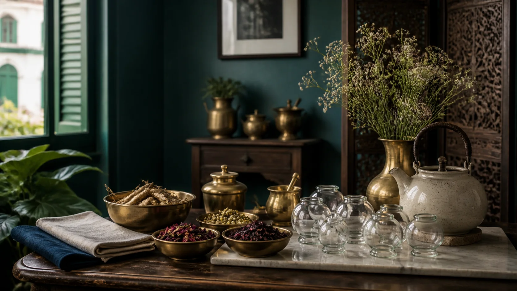 Whole herbs, glass cups and folded linen