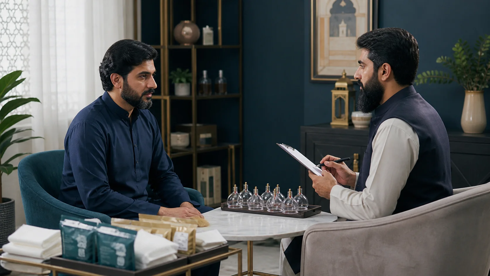 A respectful Hijama consultation with sealed supplies nearby