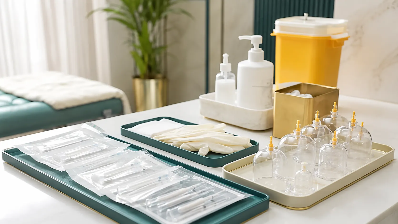 An illustrative clean Hijama preparation and single-use supply scene