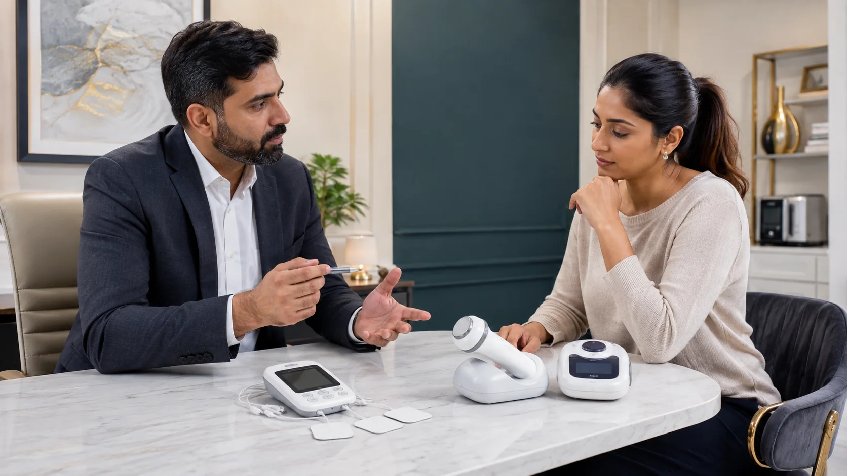 An original illustration of an adult asking questions about device-based wellness options