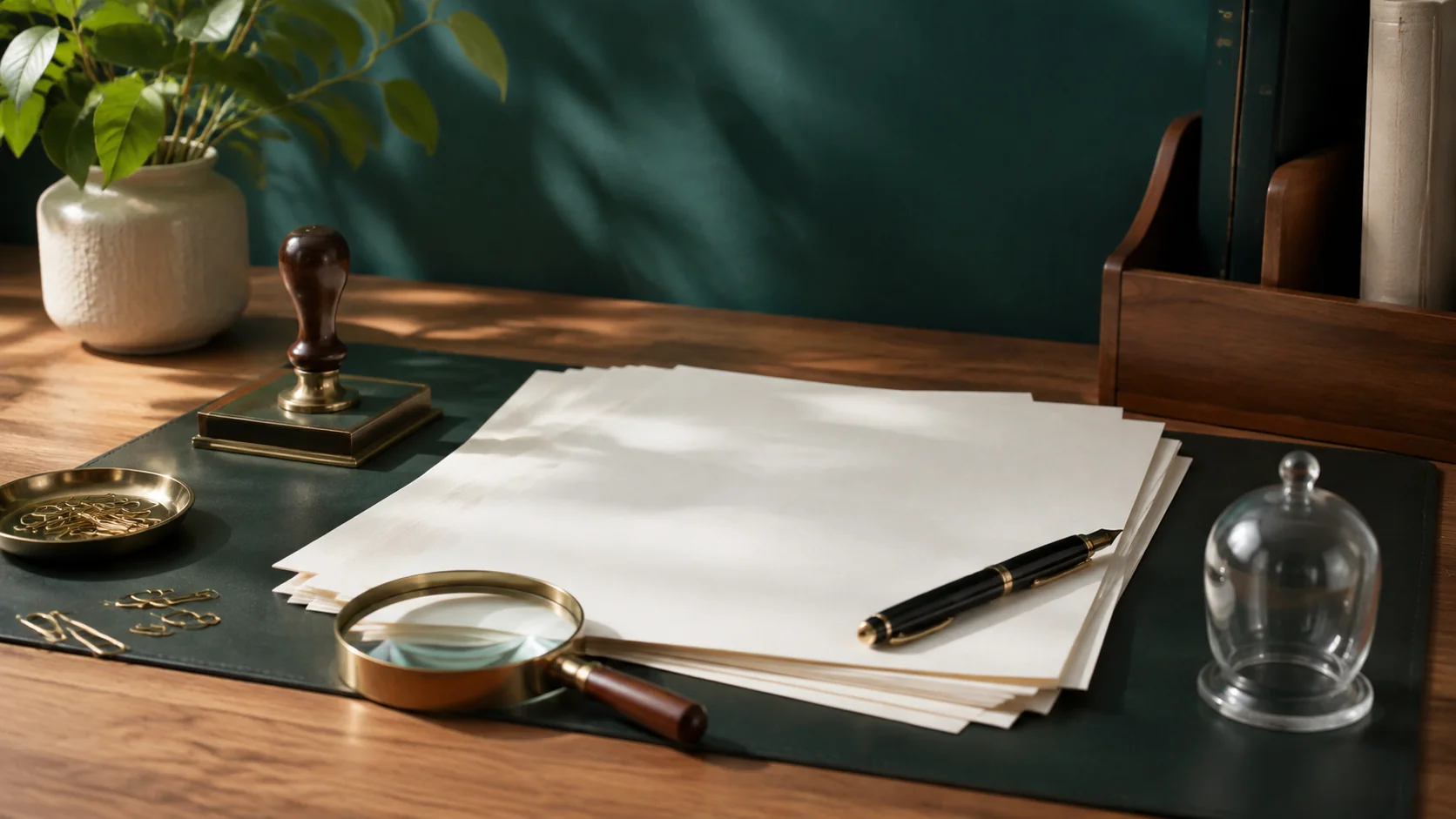 An original editorial standards desk with blank review papers and a cupping vessel