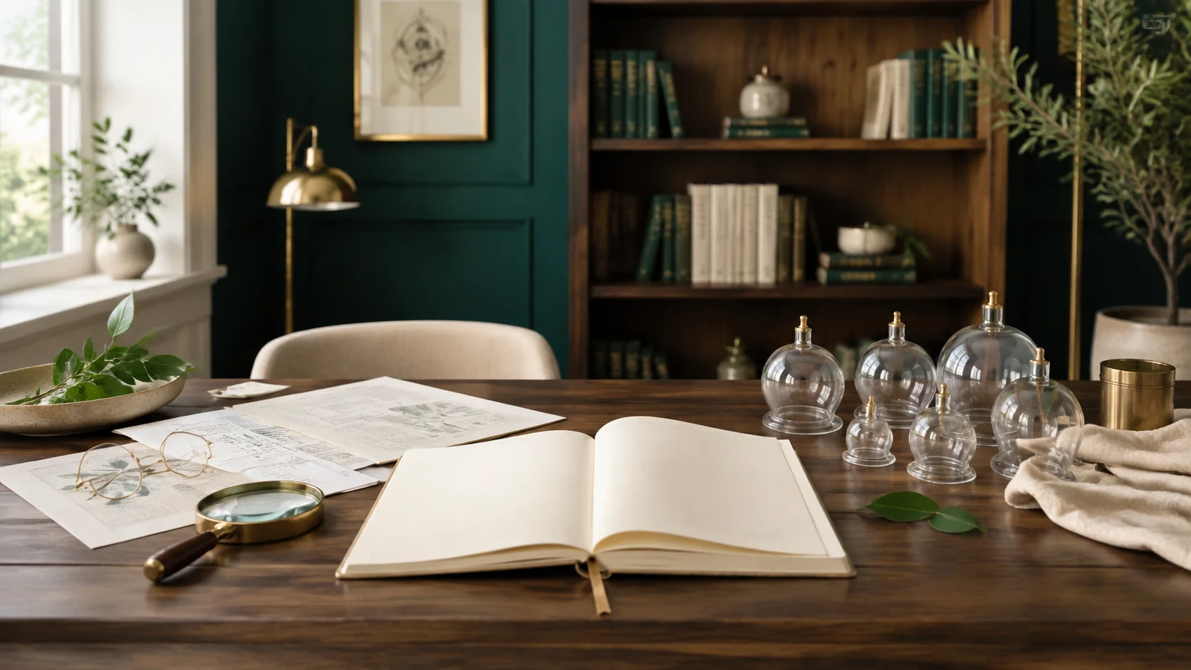 An original editorial research desk with cupping vessels, notes and reference materials