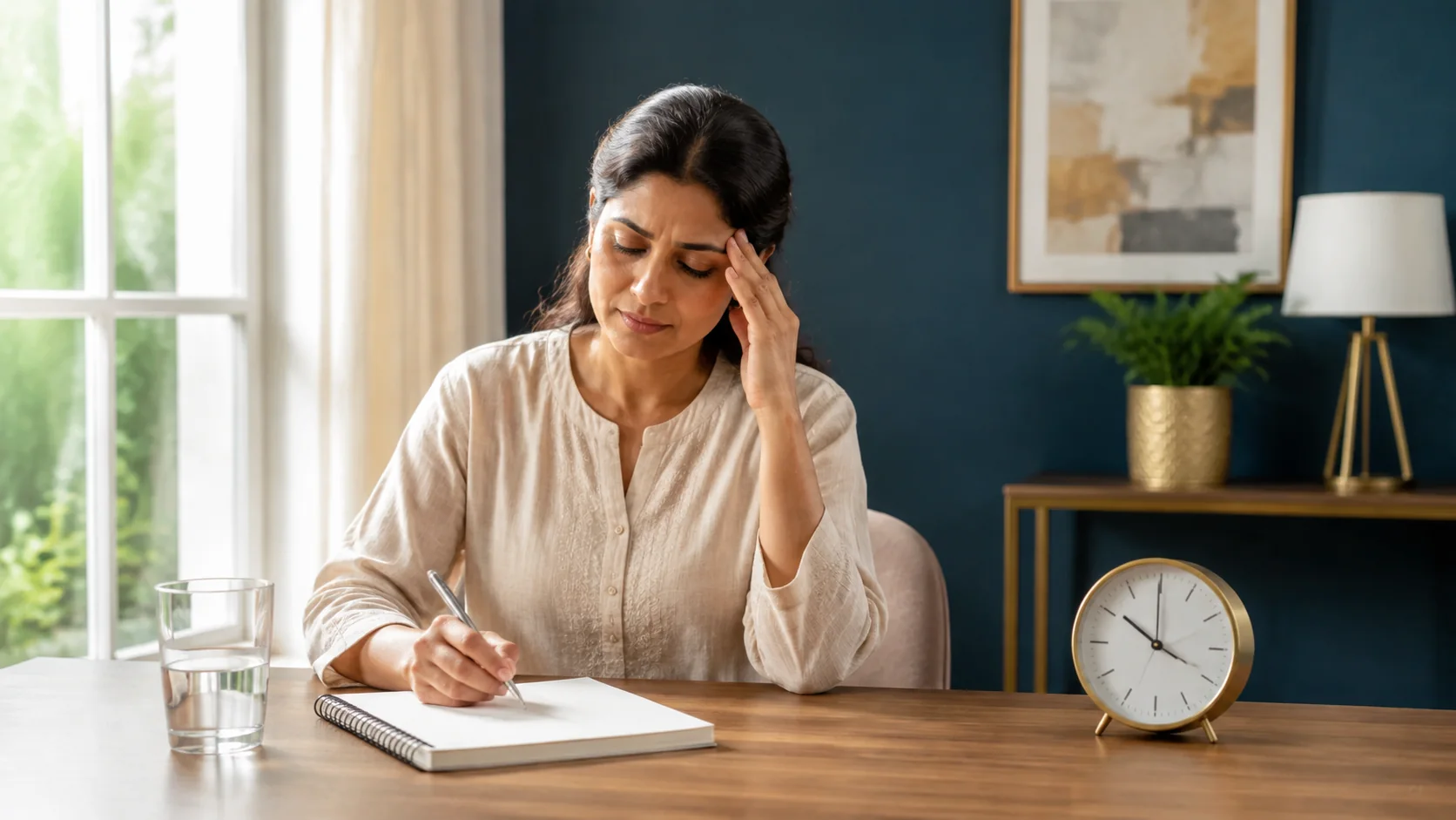 An original illustration of an adult recording headache symptoms and timing