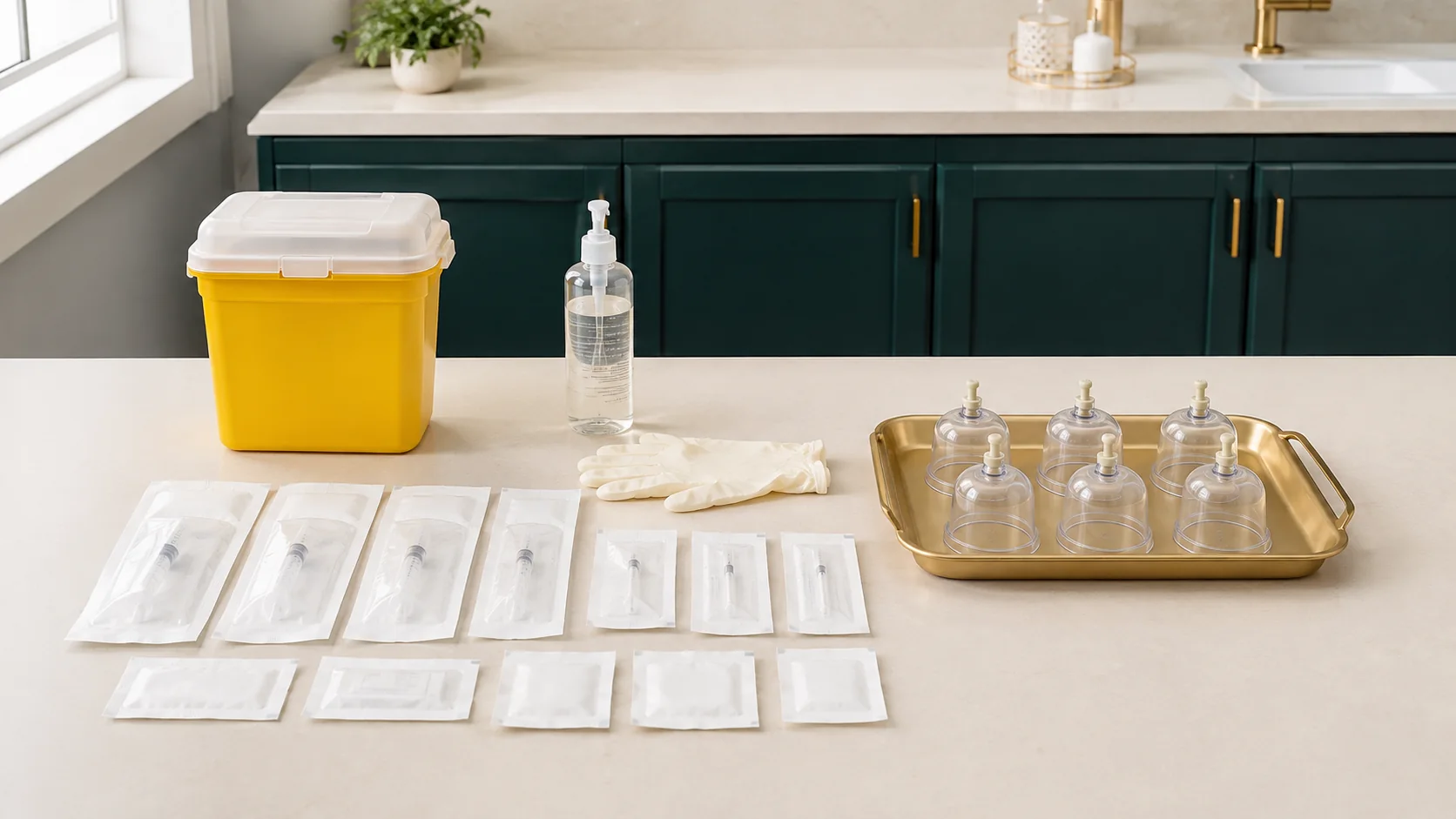 An original non-graphic preparation scene with sealed single-use supplies and clean cups