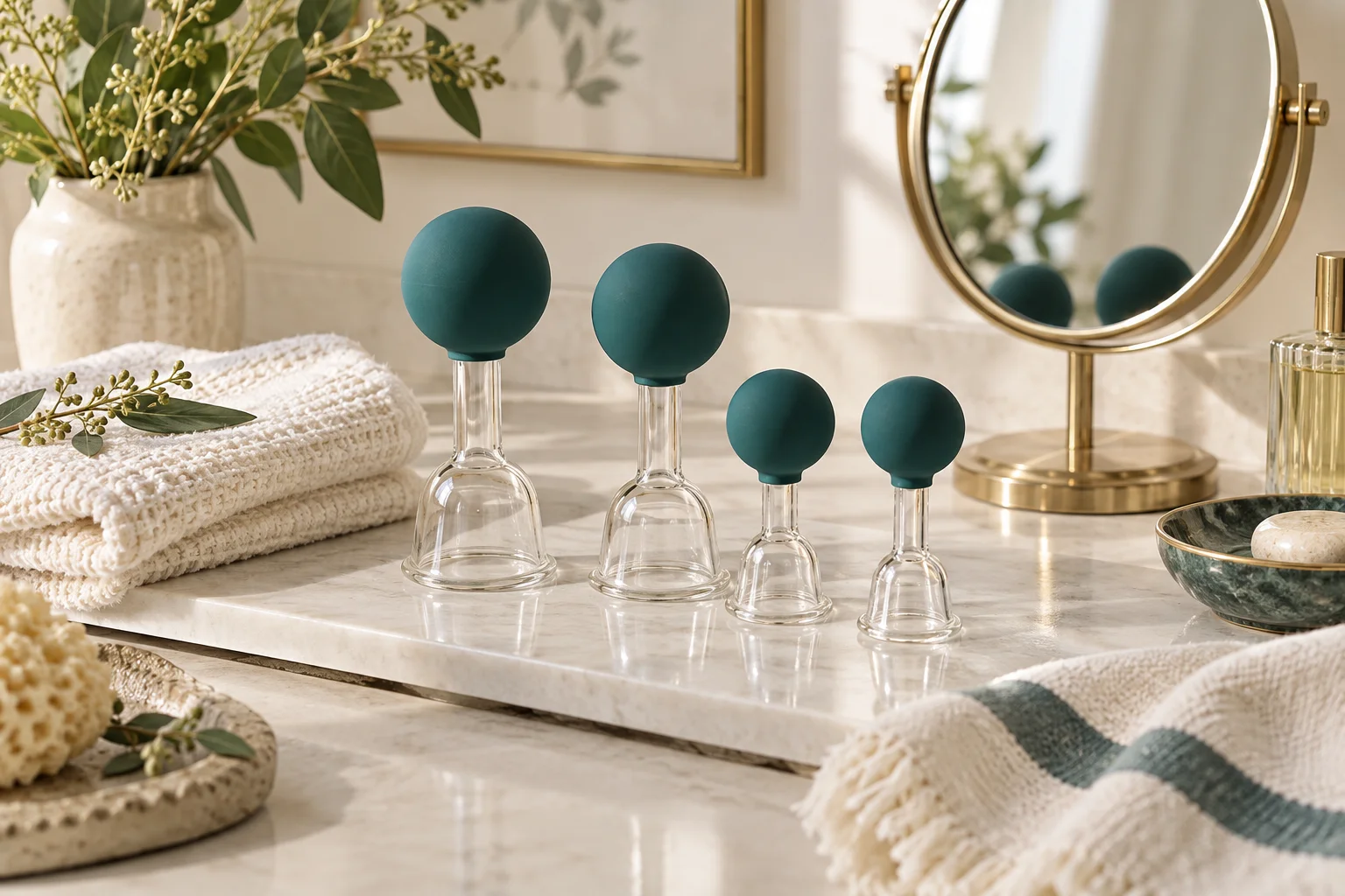 Illustrative small facial cupping vessels on a bright vanity