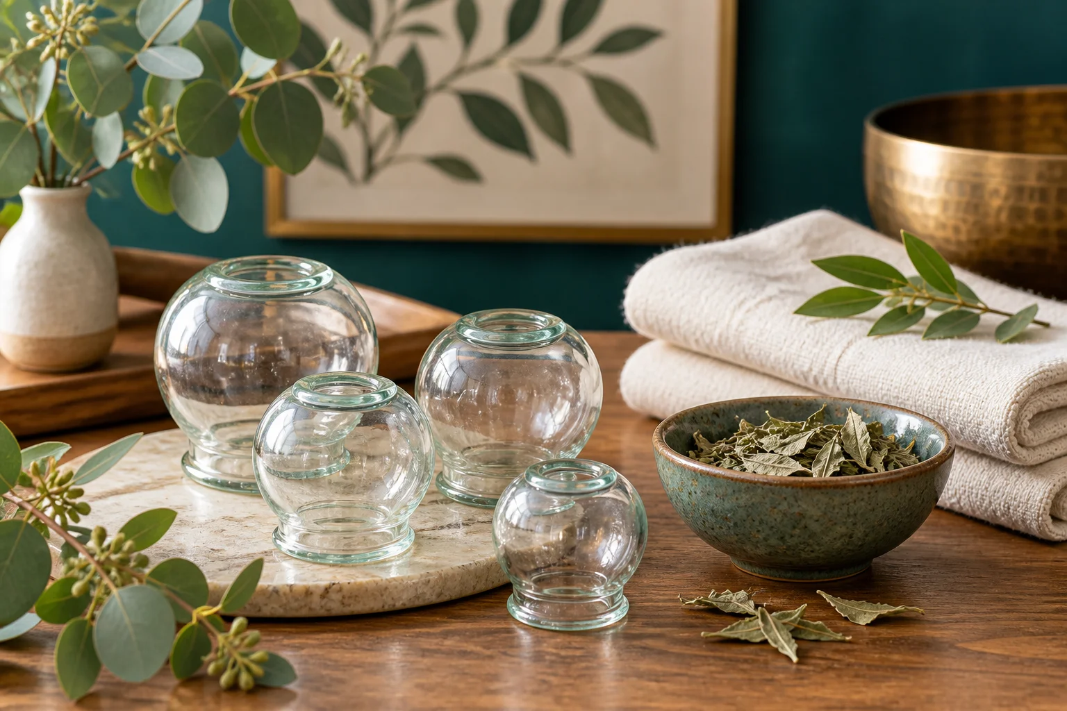 Illustrative glass cups, botanical leaves and folded linen