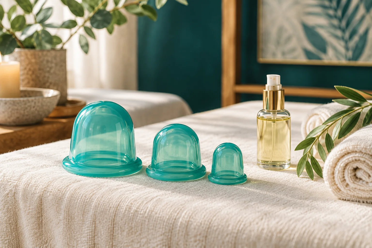 Illustrative silicone massage cups and an oil dispenser