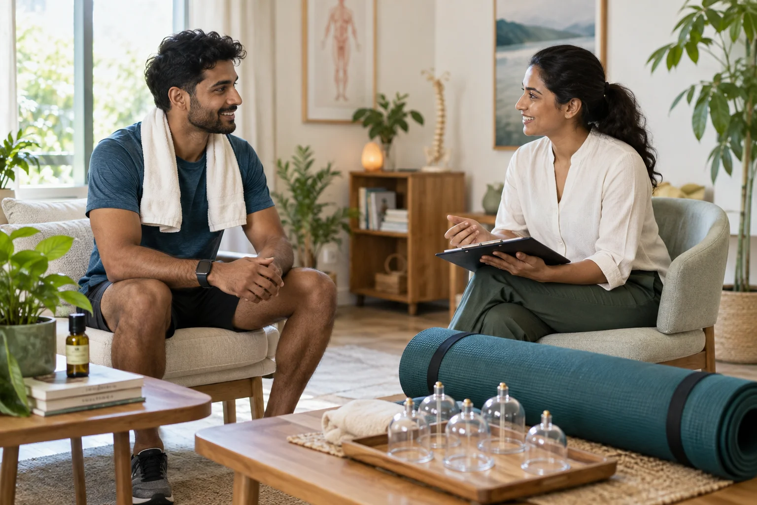 Illustrative recovery consultation with cupping vessels and an exercise mat