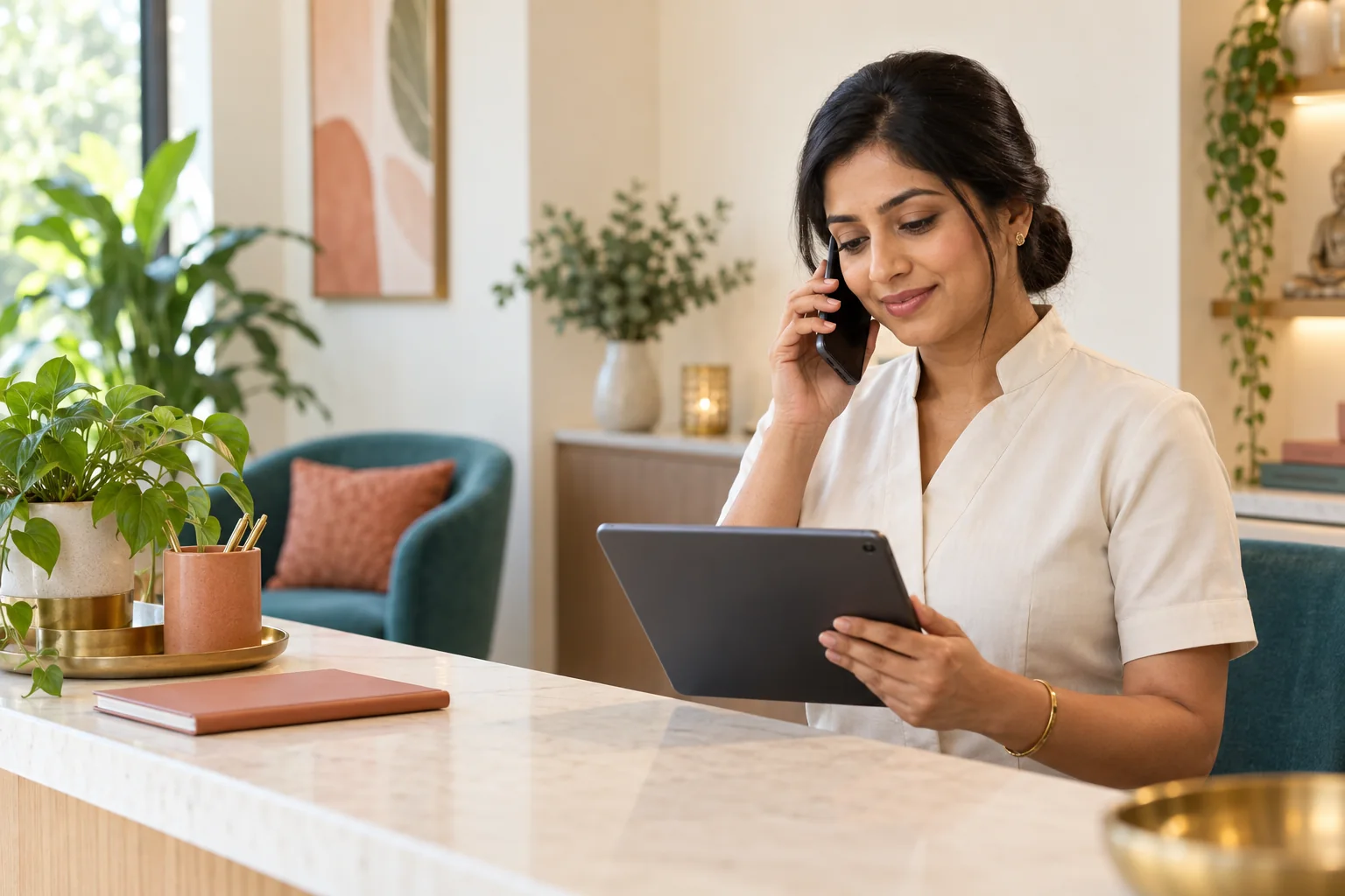 A wellness receptionist arranging an appointment by phone and tablet