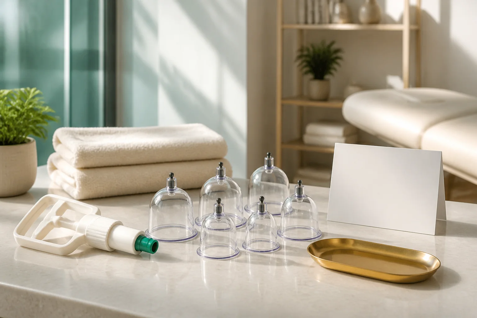 Cupping vessels, linen and a hand pump arranged for an introductory guide