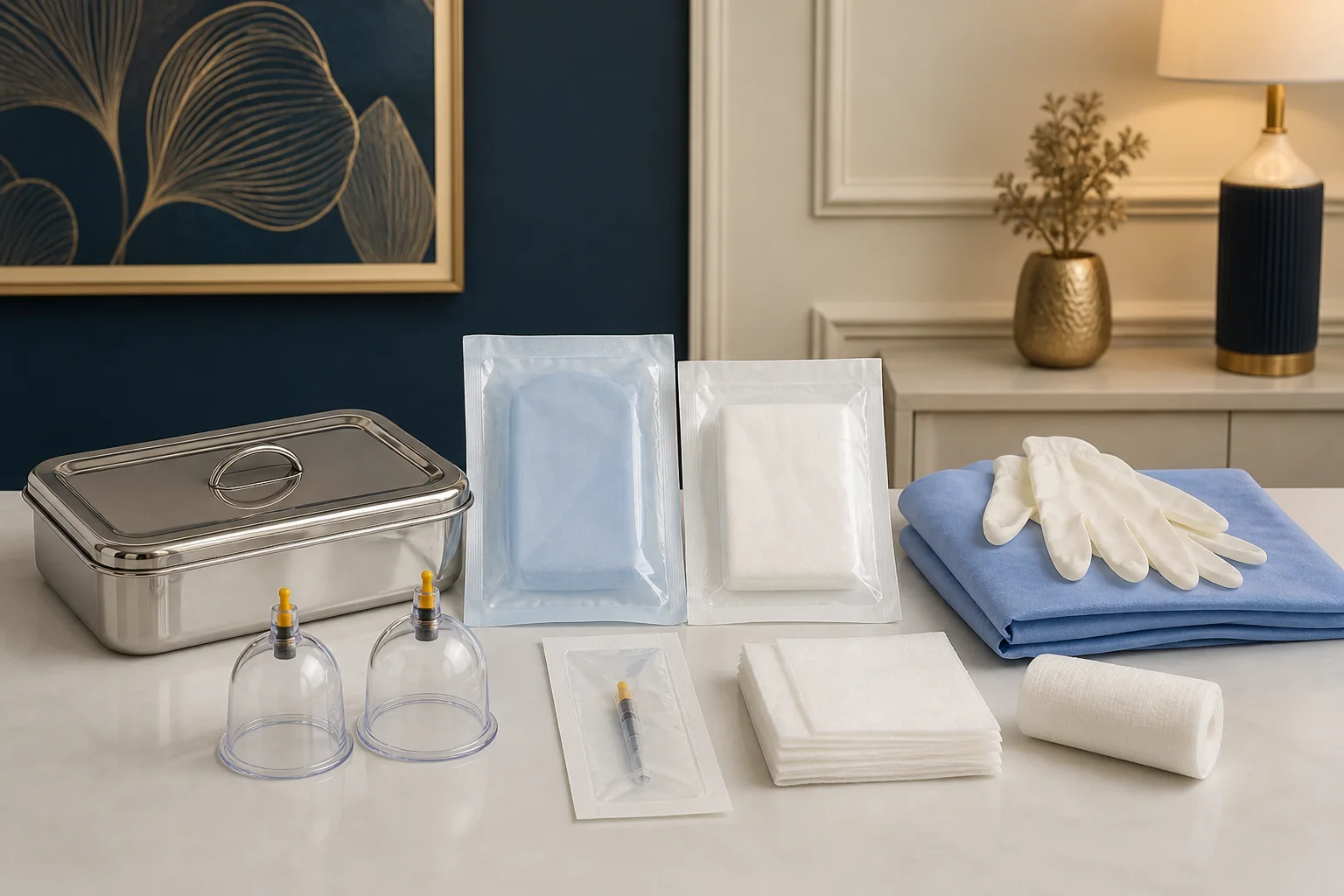 Sealed supplies and transparent cups prepared for a Hijama safety guide