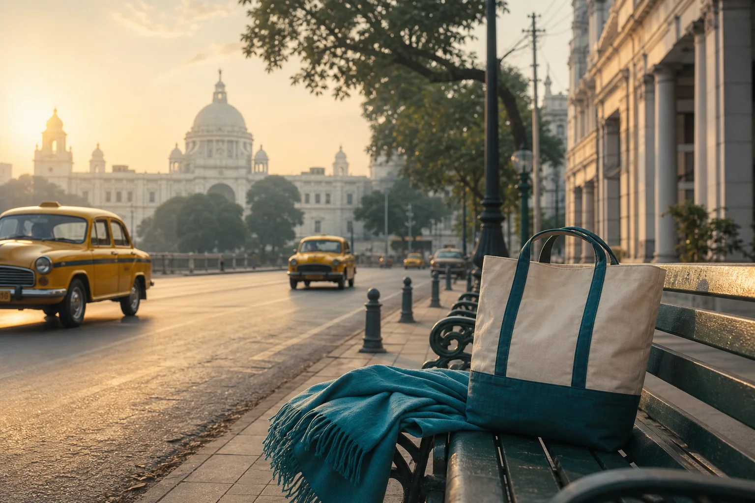 A calm Kolkata arrival scene with a wellness tote