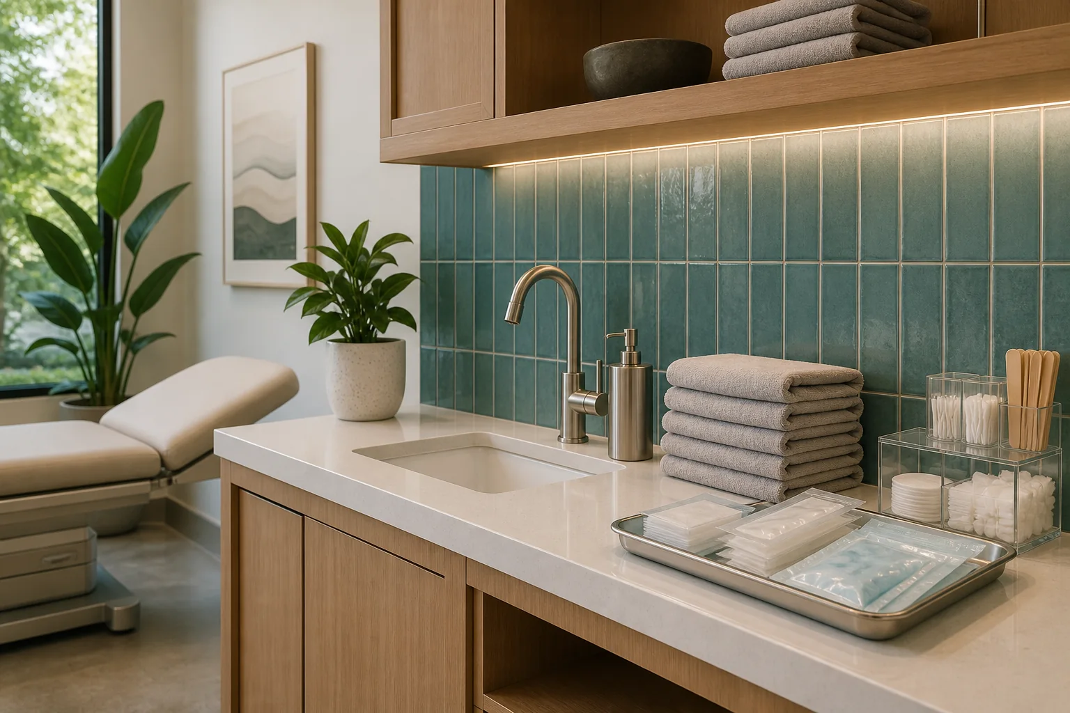 An immaculate preparation and handwashing station