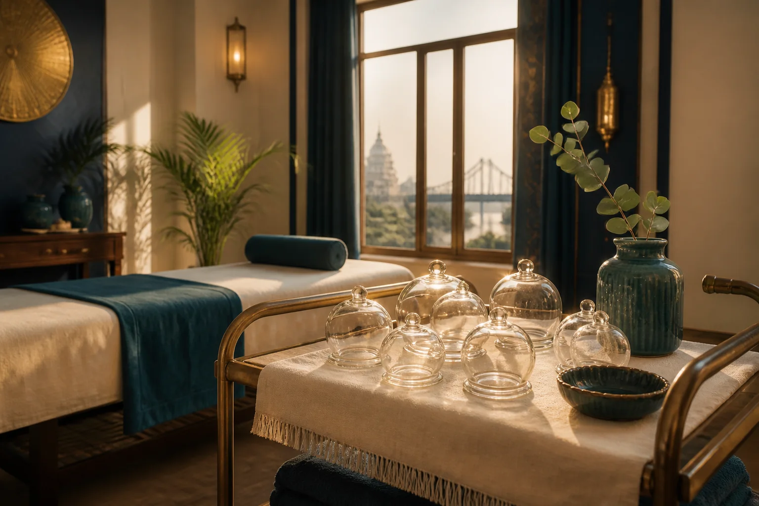 Transparent cupping vessels prepared on clean cream linen