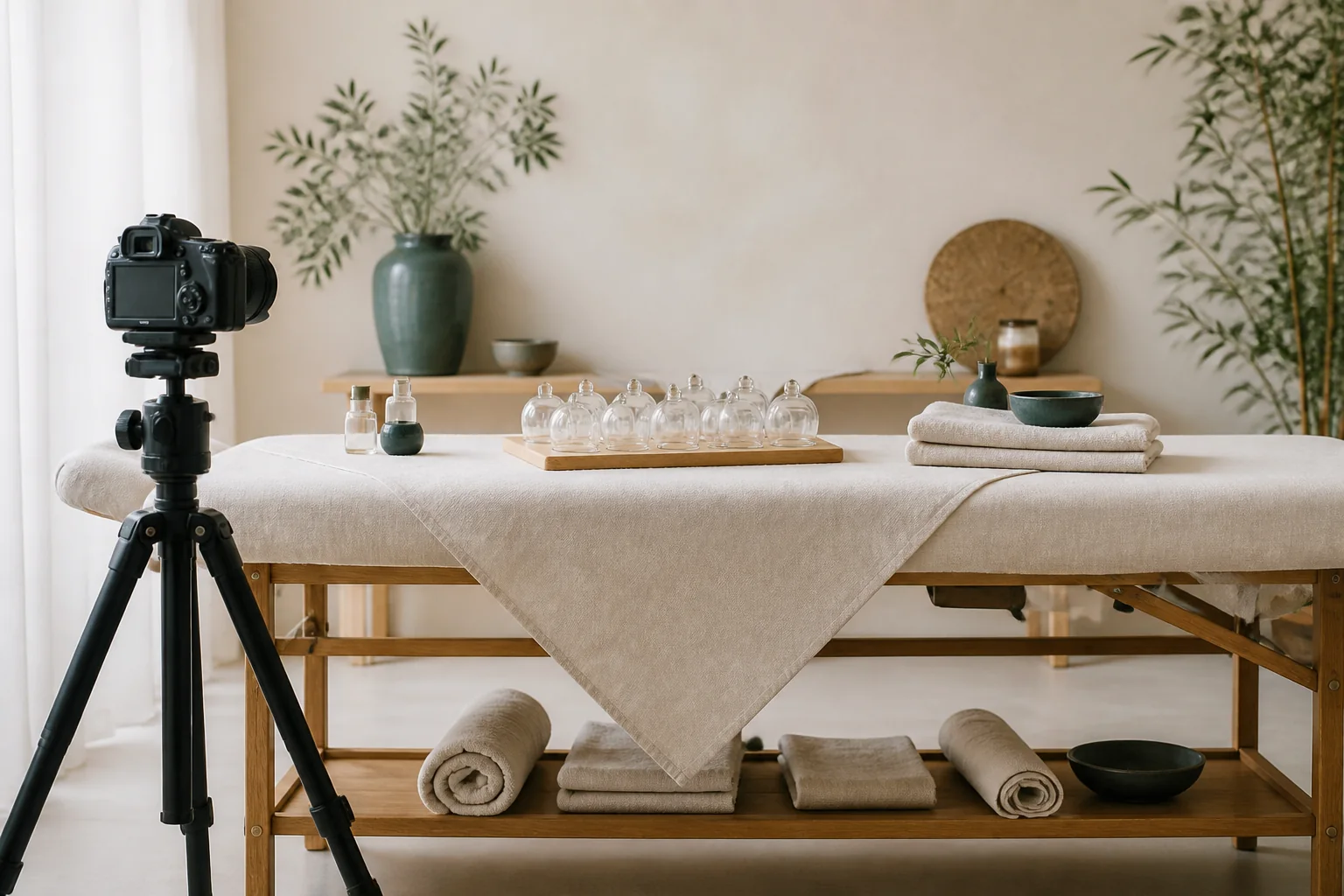 A professional camera documenting a clean cupping preparation scene