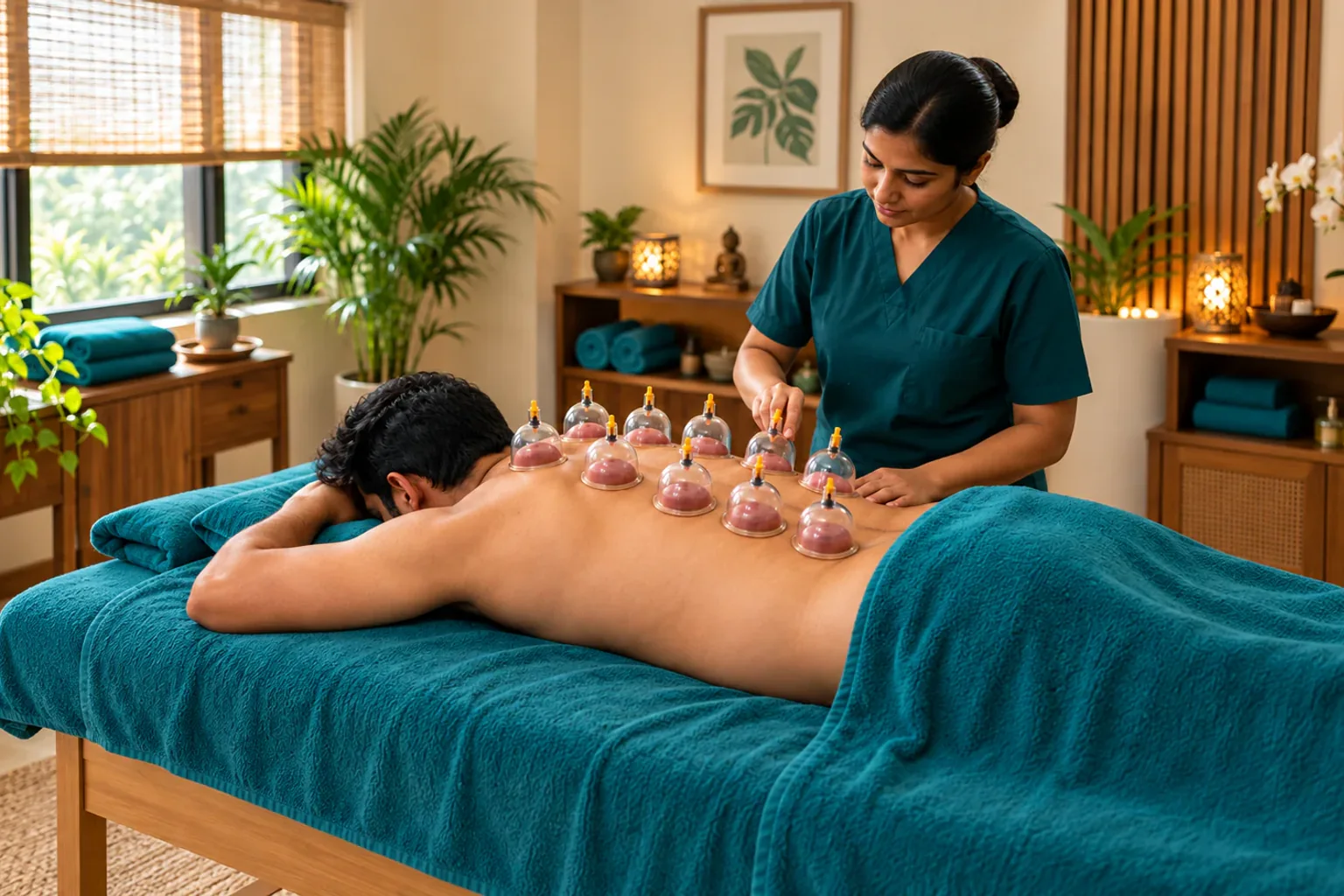Dry cupping vessels positioned during a supervised session