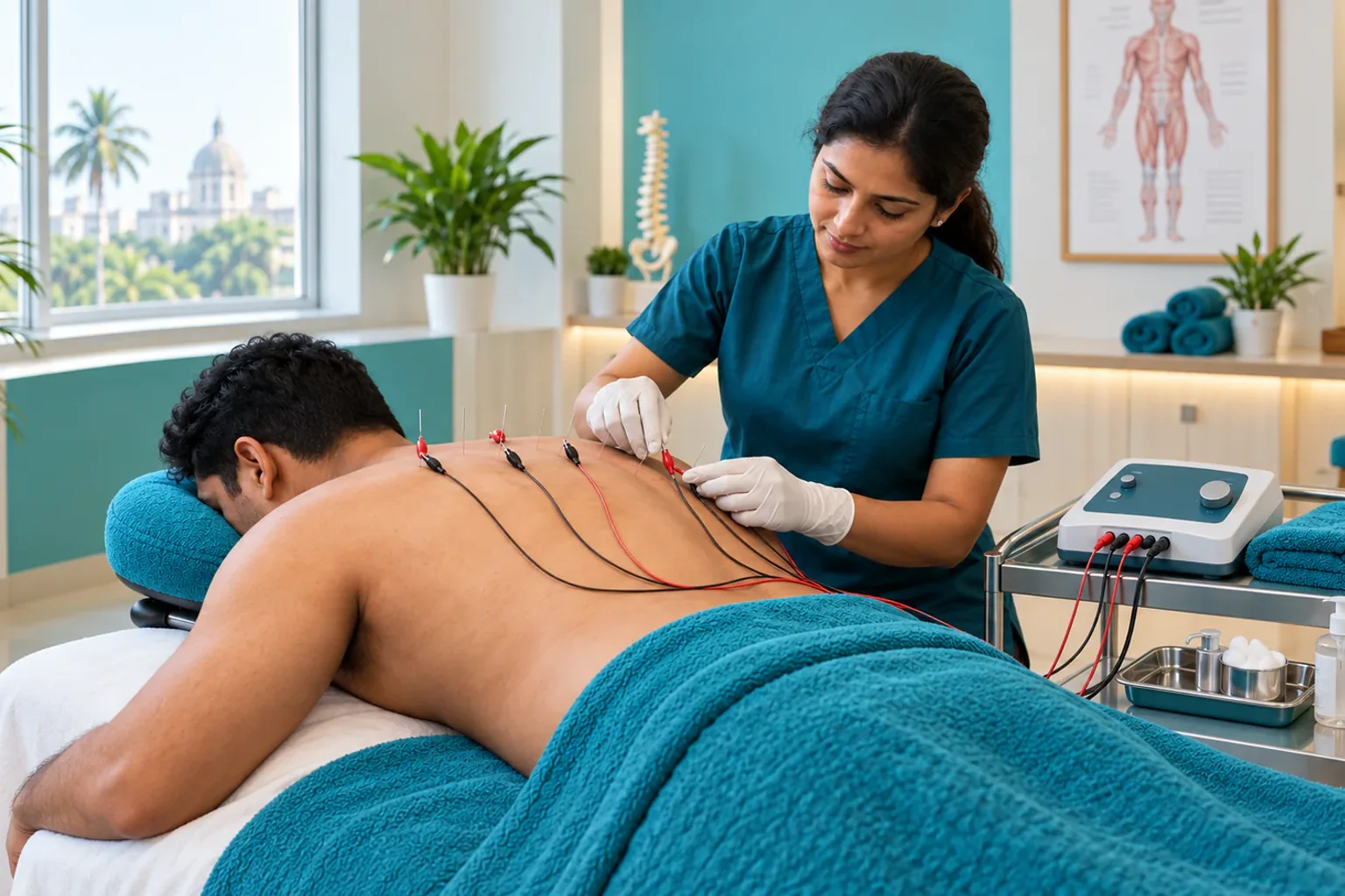 Electro-acupuncture leads attached to fine needles on a client’s upper back