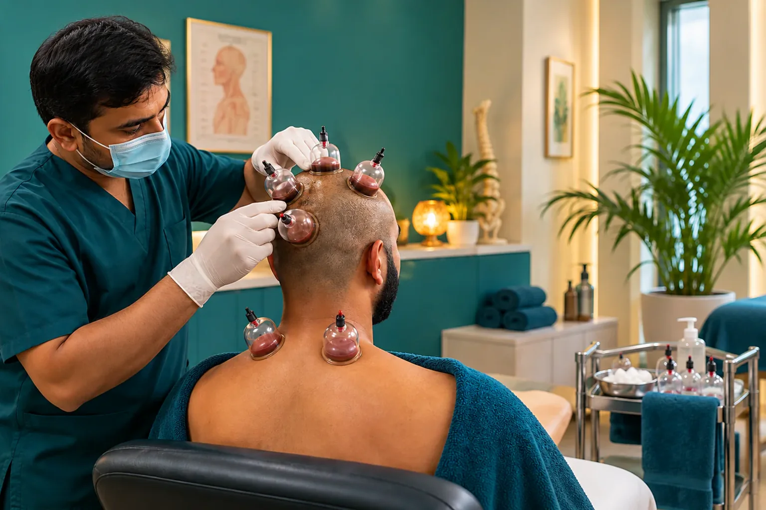 Cupping vessels placed on the scalp and upper neck during a supervised session