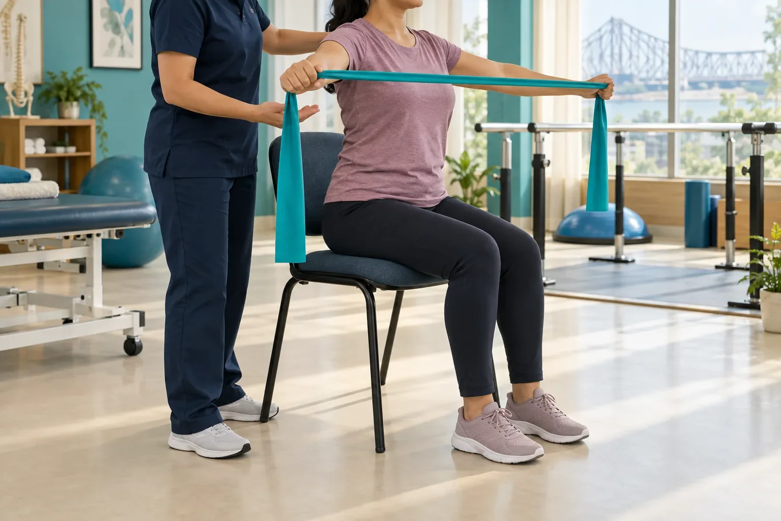 Therapist guiding a client through a supported physical movement