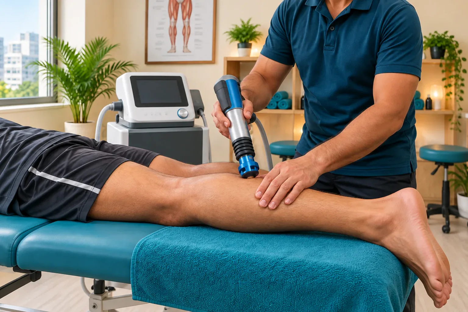Shockwave therapy applicator used on an adult client's leg