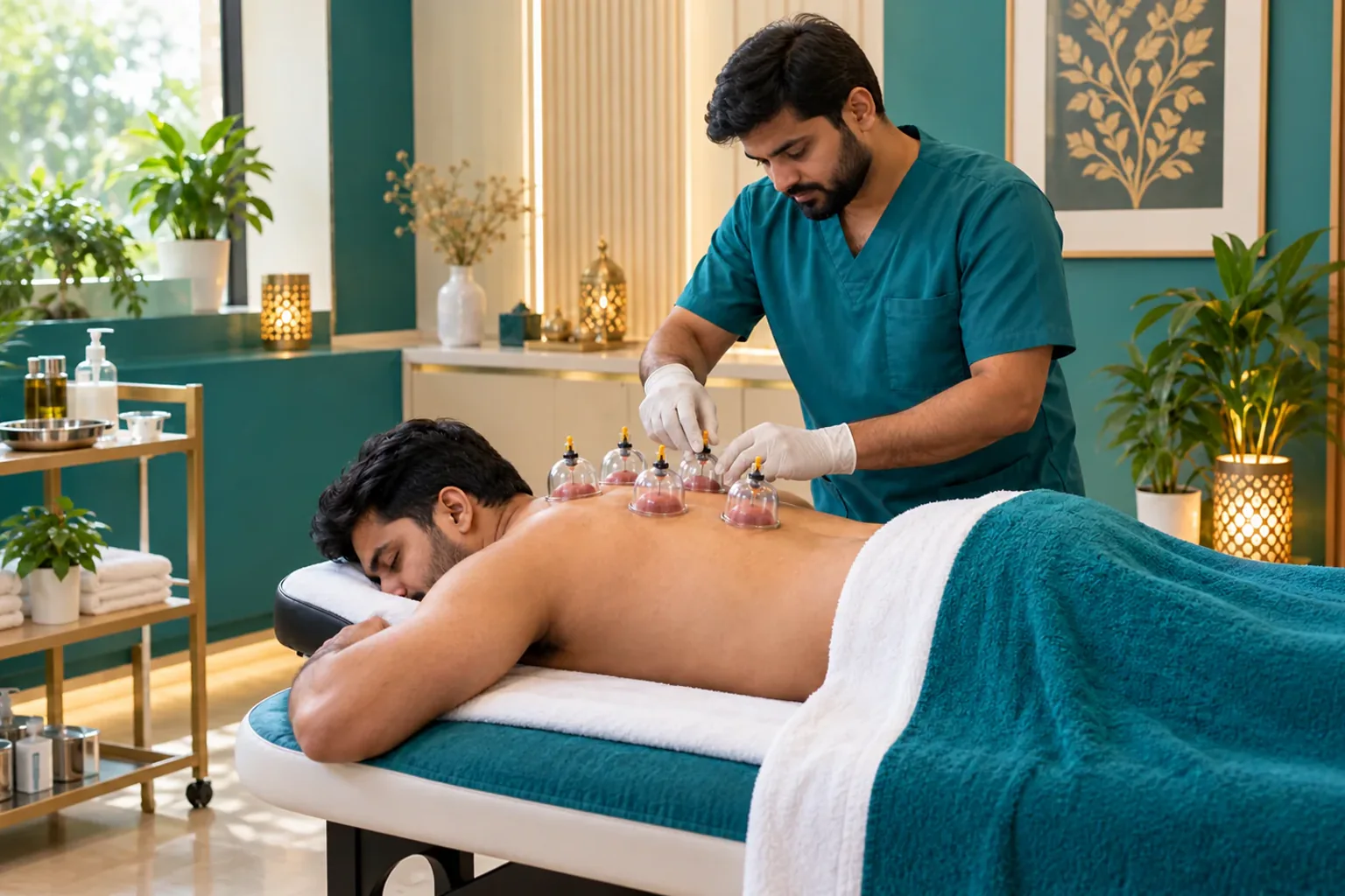 Practitioner carrying out a prepared Hijama session with transparent cups