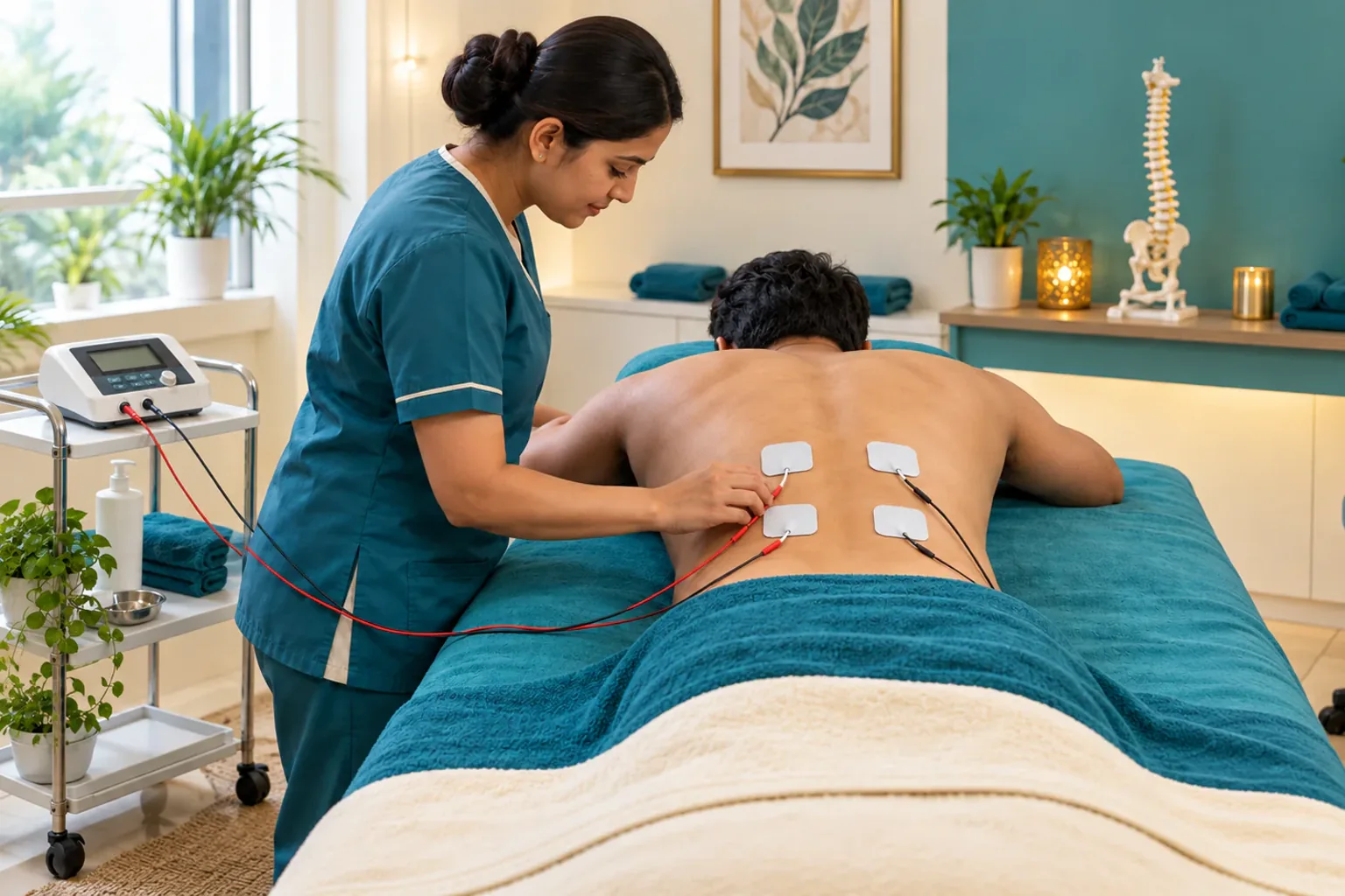 TENS pads positioned for a supervised therapy session