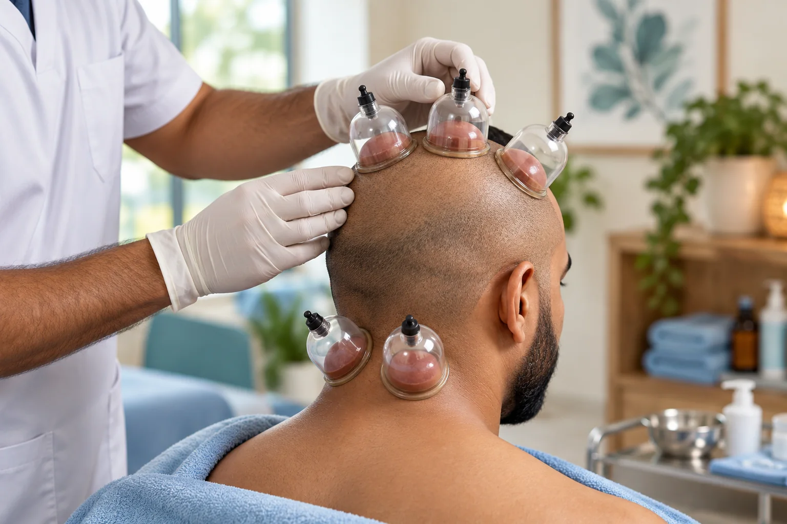 A supervised head Hijama setup with cups positioned around an adult client's scalp and upper neck