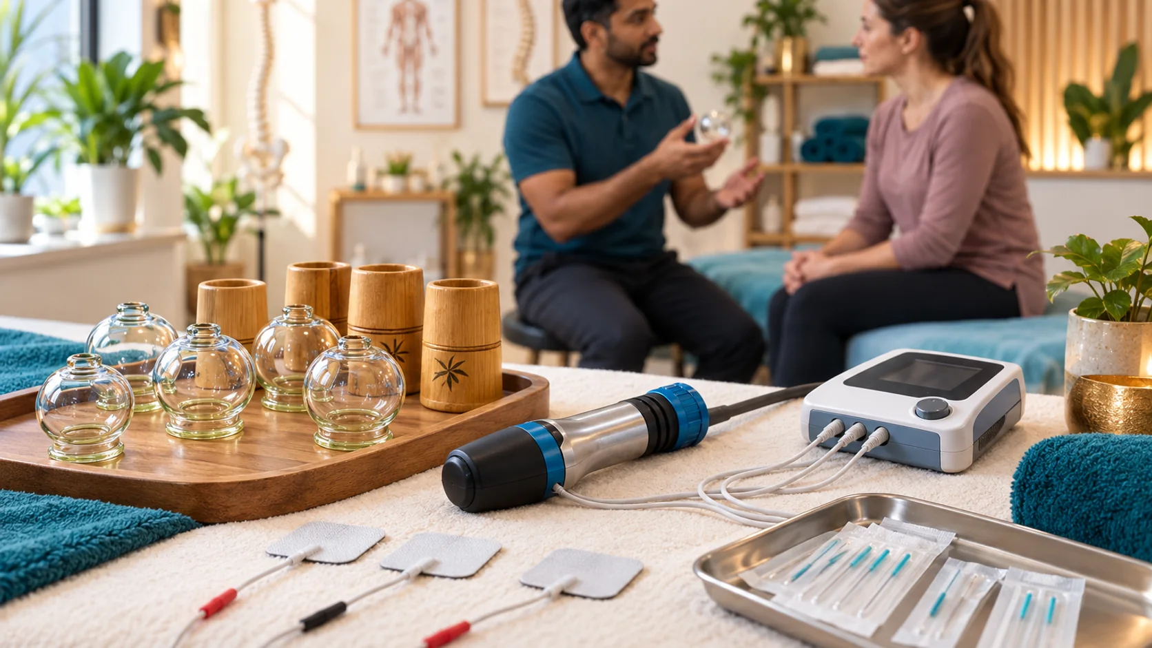 A practitioner explaining different therapy equipment and methods