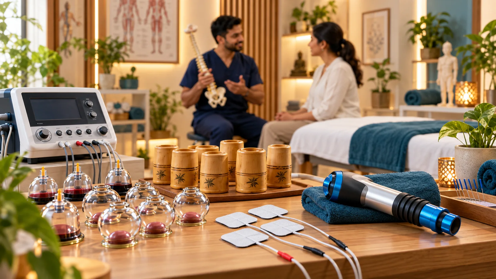 Cupping, bamboo, TENS and shockwave equipment prepared for a method discussion